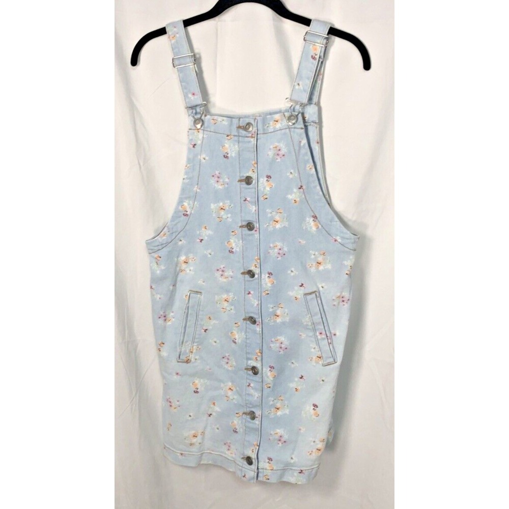 Celebrity‎ Pink Overall Denim Dress Blue Floral Button-Up Front Slit Pockets - M